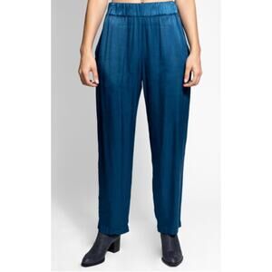 RAQUEL ALLEGRA Trapunto Satin Ankle Pant Peacock Pockets High Rise Minimalist 1